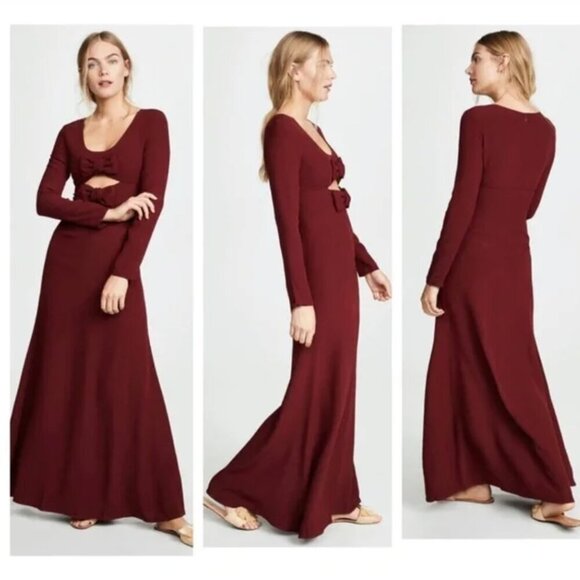 Staud Lido Dress Maxi Long Sleeve Cutout Bow Evening Gown Dark Red New Size 8 - Picture 3 of 13